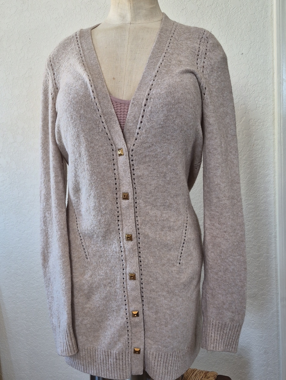 White House Black Market V Neck Snap Button Cardigan w/ Pointelle Stitch Design